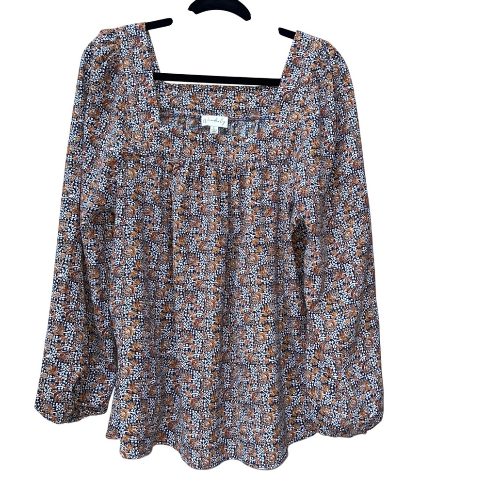 Long-Sleeve Square Neck Peasant Top in Brown Floral
